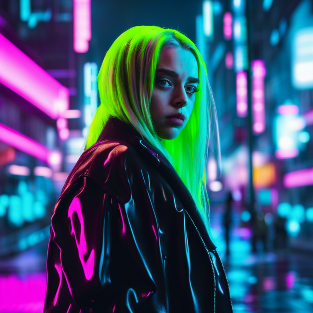 ai art - Billie Eilish in a neon-lit cyberpunk street