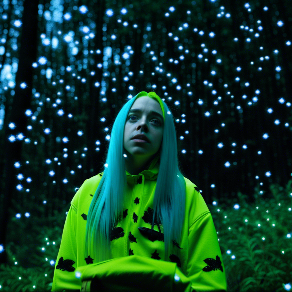 ai art - billie eilish in a forest surrounded by fireflies