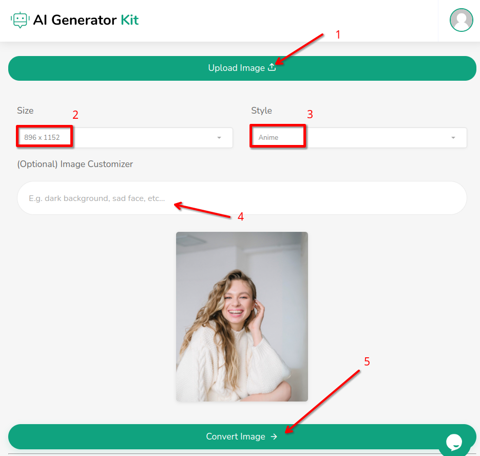 5 steps to convert photo to anime using AI Generator Kit