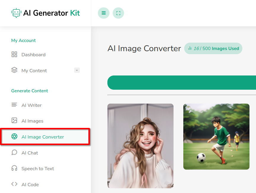 AI image converter selected from the sidebar